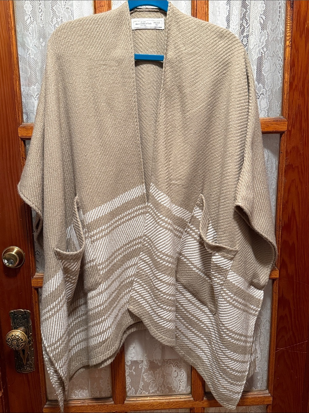 Abercrombie & Fitch Beige and White Striped Knit Poncho